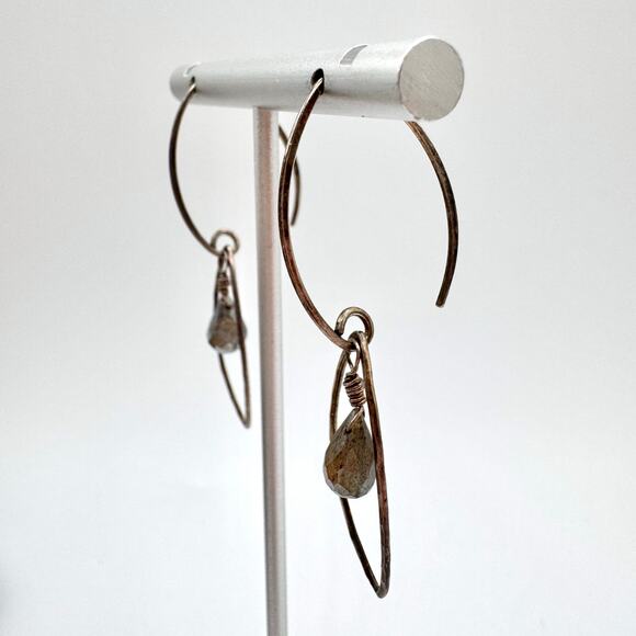 Labradorite Briolette Dangle Silver Threader Hoop Earrings Wirework Acid Tested - Picture 2 of 12